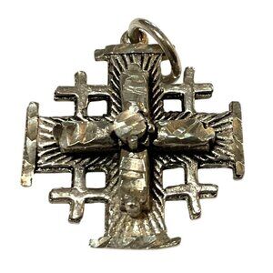Jerusalem Cross Pendant Silver Tone Religious Charm 925 Silver Wounds of Christ